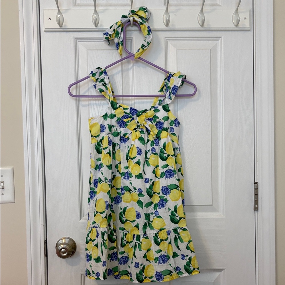 Janie and Jack Lemon Floral Dress with Matching Headband Girls Size 7 EUC